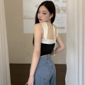 复古缎面撞色拼接上衣